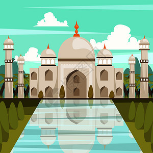 印度正交构图与泰姬陵的建筑反映大理石池平矢量插图中印度泰姬陵正交成图片