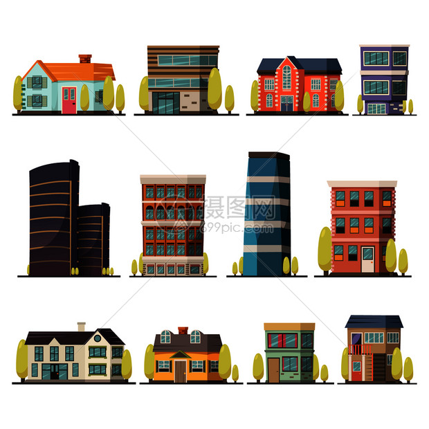 正交装饰图标集生活建筑,包括城市塔楼村庄别墅孤立平矢量插图生活建筑正交图片