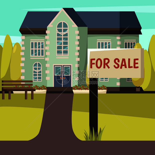 彩色秋季背景与农村生活房屋提供销售与路标前的平矢量插图出售的房子彩色背景图片