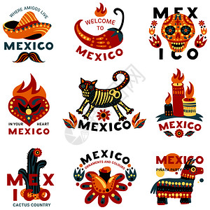 死亡日墨西哥节日符号标志彩色图标与头骨辣椒仙人掌孤立矢量插图死日墨西哥图标图片