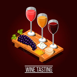 等距葡萄酒生产背景与木雕板,酒杯,葡萄奶酪片矢量插图品酒等距背景图片