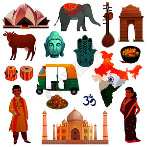 印度旅游的各种符号景点民族服装白色背景卡通矢量插图上印度旅行套装图片