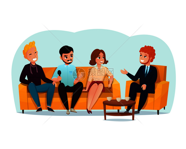 三名微笑脱口秀参与者坐黄色沙发上卡通矢量插图脱口秀参与者插图图片