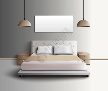 卧室家具内部逼真的构图与床的图像与床头柜悬挂灯罩矢量插图现代卧室内部成图片