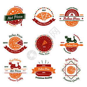 比萨饼老式标志颜色与九个平隔离图像的快餐比萨饼店送货矢量插图意大利比萨饼章套装图片