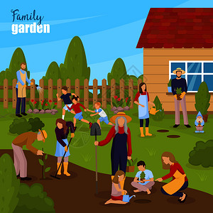 园艺家庭与夏季房屋成人儿童平矢量插图园艺家庭插图图片