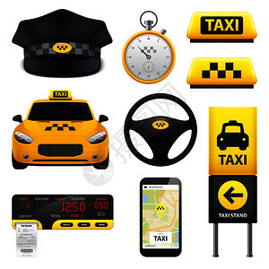 出租车标志集的隔离电机驾驶室驾驶车轮税计智能手机与应用程序司机帽矢量插图出租车标志元素收集背景图片
