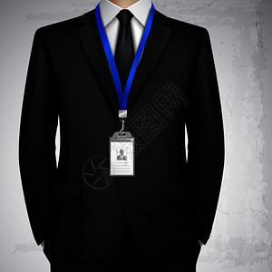 穿着黑色西装的商人,身份证章持人蓝色系绳现实图像矢量插图商人身份证章现实图片