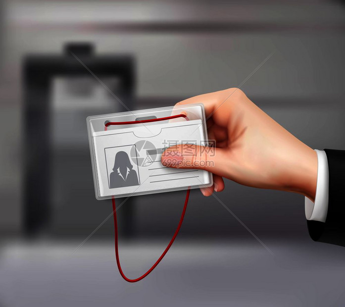 商业身份证与红色线商人手特写现实图像模糊背景矢量插图商务身份证手写实图片