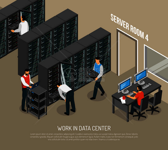 工作数据中心等距矢量插图与程序员工作地点工程师配置设备工作数据中心等距矢量插图图片