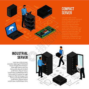 数据中心等距水平横幅与人们工作的设备用紧凑工业服务器矢量插图数据中心等距水平横幅图片