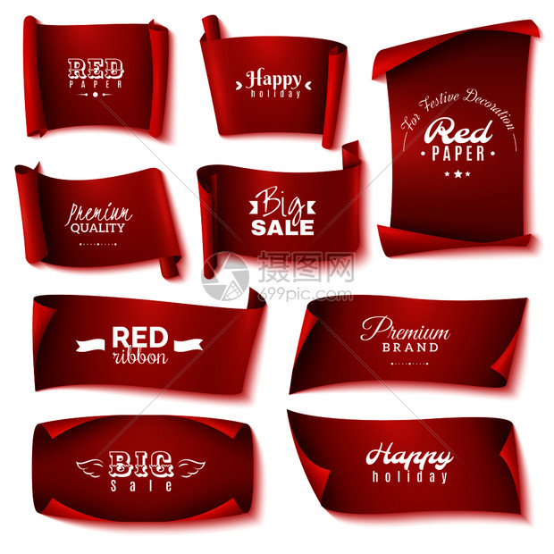 九个红纸横幅图标与快乐假日优质大销售节日装饰描述矢量插图红纸横幅图标图片