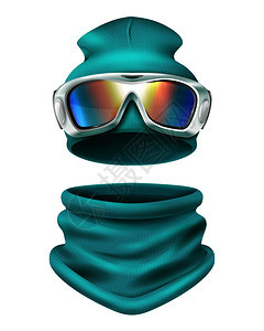 彩色逼真的滑雪服成与运动帽部保护矢量插图滑雪服构图图片