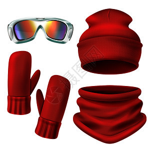红色滑雪服图标帽子手套针保护矢量插图彩色滑雪服图标背景图片