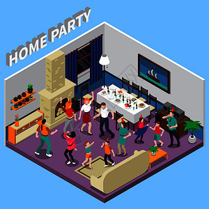 家庭聚会等距构图与人,节日桌,音乐设备,室内元素蓝色背景矢量插图家庭聚会等距成图片