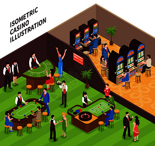 娃娃机摇骰子模板赌场等距矢量插图与游戏厅设备人们来玩游戏等距赌场
