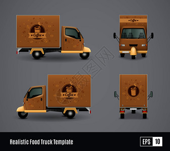 莱斯勒汽车食品卡车现实广告模板矢量插图与四个视图三轮车矢量插图咖啡卡车逼真的插画