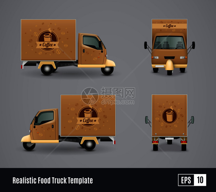 食品卡车现实广告模板矢量插图与四个视图三轮车矢量插图咖啡卡车逼真的图片