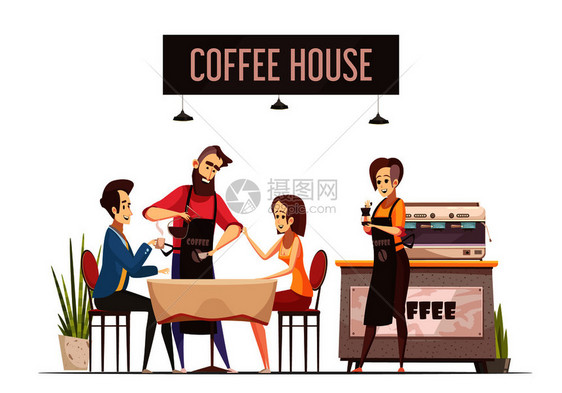 咖啡馆的与轻夫妇坐餐厅的桌子咖啡师倒咖啡平矢量插图咖啡屋理念图片