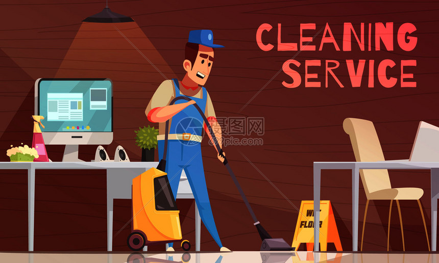 清洁服务矢量插图与清洁公司的员工办公室房间与吸尘器统工作清洁服务矢量插图图片