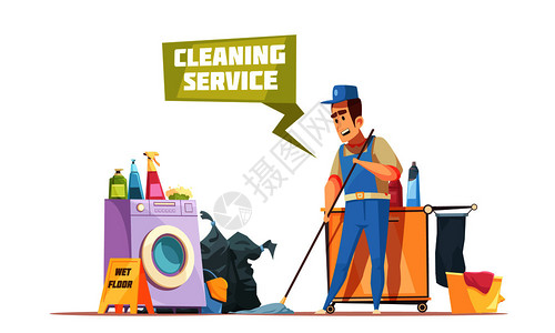 清洁服务成与人洗地板湿拖把,喷雾清洁剂家庭内部平矢量插图清洁服务成图片