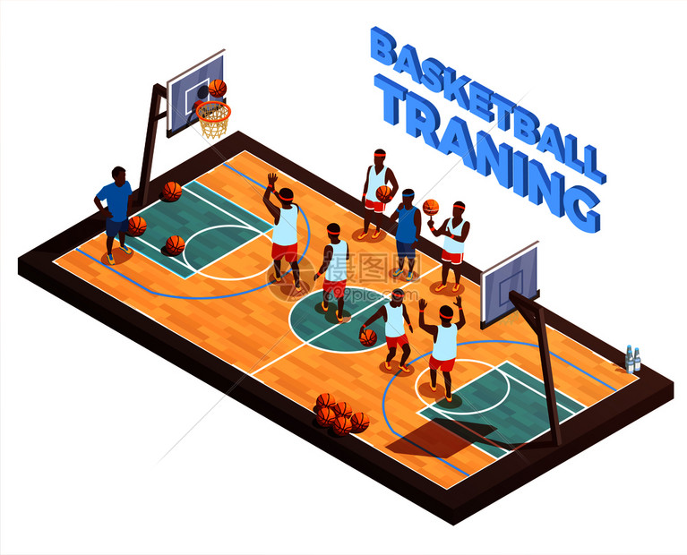 篮球等距成与硬木球场篮球队与人的特点的球员教练矢量插图训练篮球等距构图图片