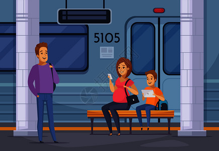 地下地铁乘客站台候车的卡通构图与微笑的孕妇手持智能手机矢量插图地铁地下人卡通构图图片