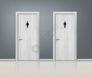 两个白色木门WC写实构图,为男女提供门矢图上的铭文门WC写实构图图片