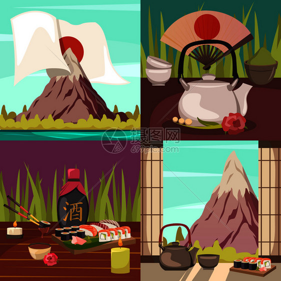 日本文化传统美食4正交图标广场与茶道富士山孤立矢量插图日本文化正交图标图片