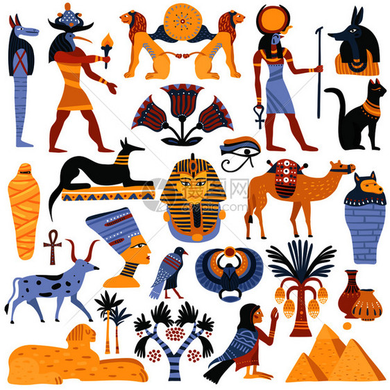 套古埃及宗教元素,包括神拉之眼木乃伊狮身人像甲虫孤立矢量插图古埃及宗教元素图片