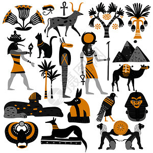埃及套装饰图标与古代神,狮身人像,甲虫,金字塔,棕榈树,安赫矢量插图埃及装饰图标图片