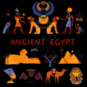古埃及套装饰图标孤立黑色背景与宗教旅游符号矢量插图古埃及装饰图标图片