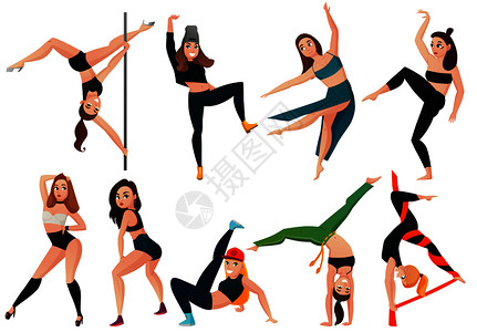 杂技舞蹈套现代类型的舞蹈与嘻哈,围棋,巴西武术孤立矢量插图现代类型的舞蹈集插画