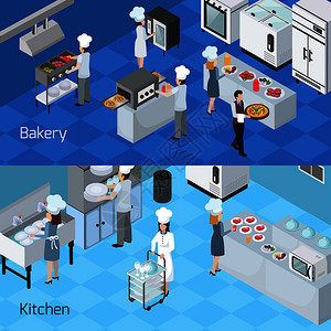 包店厨房内部家具设备电器2横等距横幅与烹饪工作人员隔离矢量插图专业厨房内部水平横幅图片