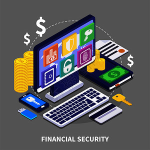 网上银行金融安全与各种电子设备硬币信用卡三维等距矢量插图财务安全说明图片
