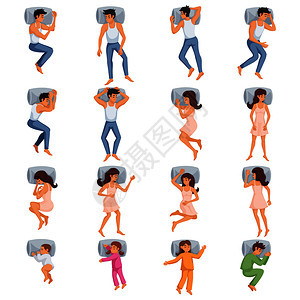 六男女双人床上同的睡眠构成矢量插图男人女人睡觉的姿势