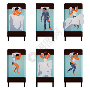 单人床的顶部视图与睡觉的男人同的姿势装饰图标矢量插图男人睡觉的姿势设定好了图片