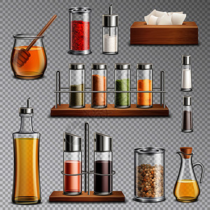 调味香料,草药,厨房架,食用油,咖啡糖分配器蜂蜜罐,写实透明矢量插图调味香料写实套透明图片