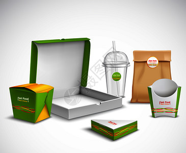 快餐包装企业身份现实模板样本充满活力的绿色白色比萨饼盒矢量插图包装快餐写实套装图片