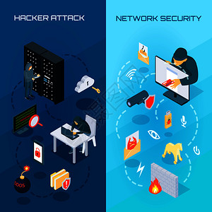 蓝色背景孤立向量插图上黑客攻击网络安全的垂直等距横幅黑客审查等距横幅图片