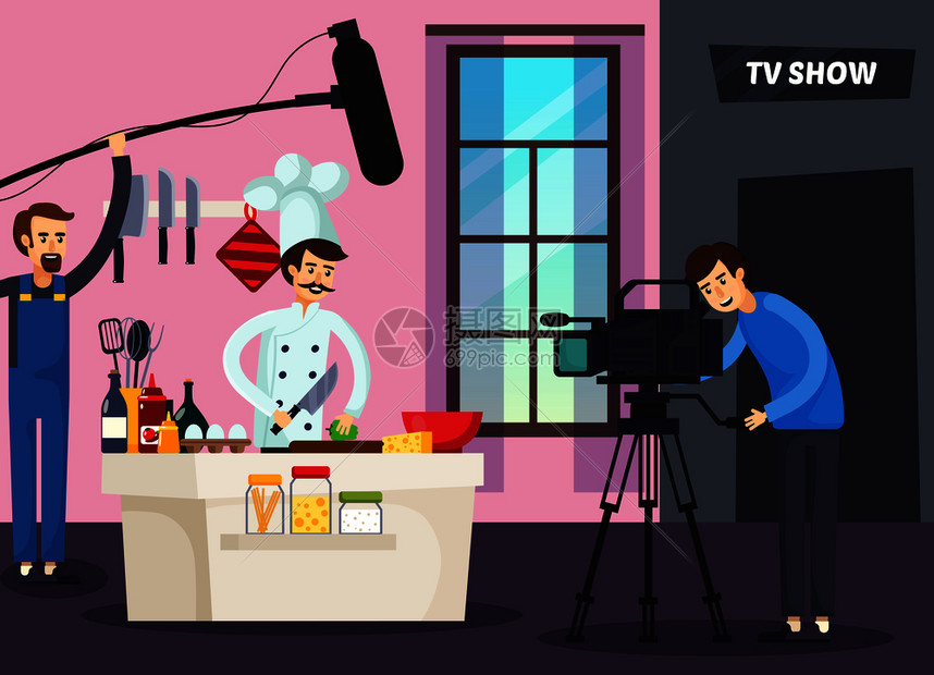 烹饪电视节目正交合与厨师准备食物,摄影师音响师演播室矢量插图烹饪电视节目正交成图片