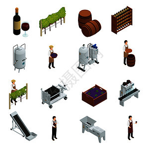 葡萄酒生产等距套葡萄木桶,葡萄园运输员,侍酒架,葡萄瓶矢量插图葡萄酒生产等距装置图片