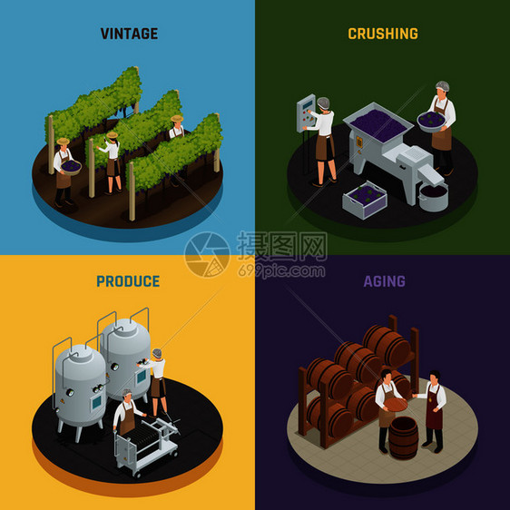 葡萄酒生产2x2与老式破碎生产老化方形成等距矢量插图葡萄酒生产2x2理念图片
