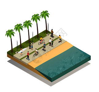 生态交通南海滩的理念与人们沿着海滨移动滑板赛格威自行车等距矢量插图南滩的生态运输背景图片