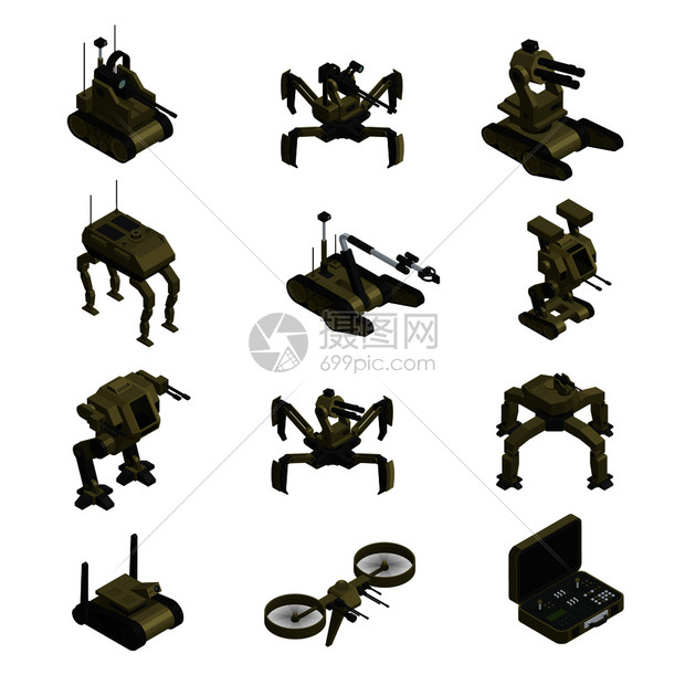 战斗机器人等距图标萨珀迫击炮遛间谍机器人事狗控制板孤立矢量插图战斗机器人等距图标图片