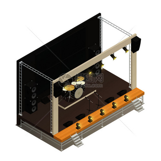 桁架结构的户外节日舞台与强大的音频放大器鼓等距矢量插图户外节日舞台图片
