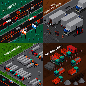 卡车等距与公路公园,货物运输建筑车辆隔离矢量图卡车等距图片