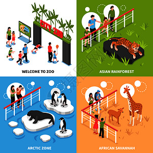 欢迎来动物园2x2与亚洲雨林北极区非洲热带草原广场图标等距矢量插图动物园2x2等距图片