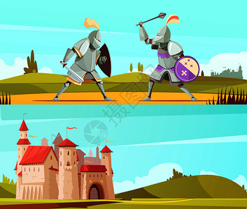 中世纪骑士中世纪水平卡通横幅城堡战斗骑士的全身盔甲矢量插图中世纪水平卡通横幅插画