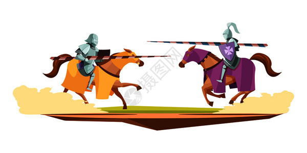 中世纪针物锦标赛卡通构图,2名骑兵穿着盔甲,格斗比赛矢量插图中世纪针物竞赛卡通作文背景图片